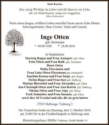 Todesanzeige von Inge Otten von SYK