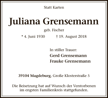 Todesanzeige von Juliana Grensemann von SYK