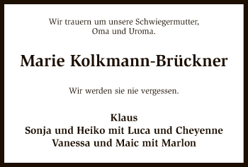Todesanzeige von Marie Kolkmann-Brückner von SYK