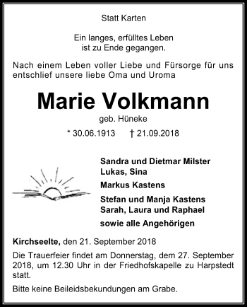 Todesanzeige von Marie Volkmann von SYK