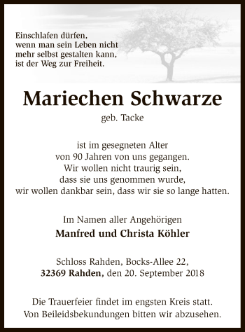 Todesanzeige von Mariechen Schwarze von SYK