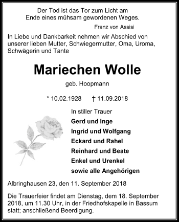 Todesanzeige von Mariechen Wolle von SYK