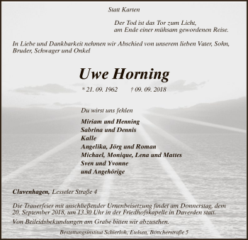 Todesanzeige von Uwe Horning von SYK
