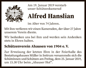 Todesanzeige von Alfred Hanslian von SYK