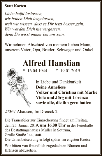 Todesanzeige von Alfred Hanslian von SYK