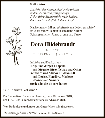 Todesanzeige von Dora Hildebrandt von SYK