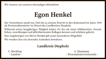 Todesanzeige von Egon Henkel von SYK