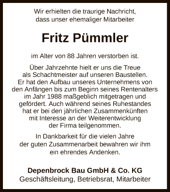 Todesanzeige von Fritz Pümmler von SYK