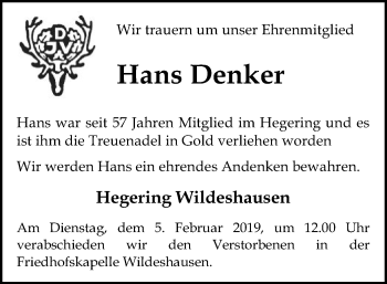 Todesanzeige von Hans Denker von SYK