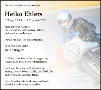 Todesanzeige von Heiko Ehlers von SYK