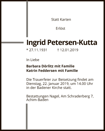 Todesanzeige von Ingrid Petersen-Kutta von SYK