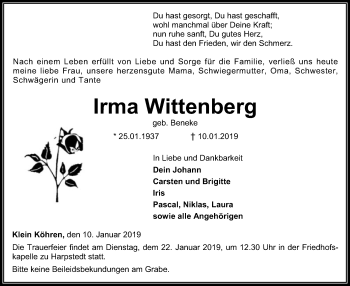 Todesanzeige von Irma Wittenberg von SYK