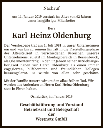 Todesanzeige von Karl-Heinz Oldenburg von SYK