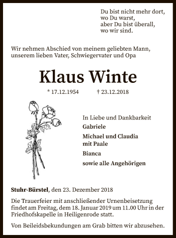 Todesanzeige von Klaus Winte von SYK