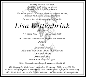Todesanzeige von Lisa Wittenbrink von SYK