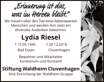 Todesanzeige von Lydia Riesel von SYK