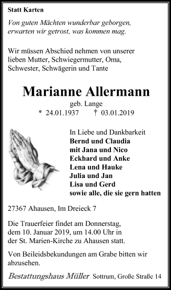 Todesanzeige von Marianne Allermann von SYK