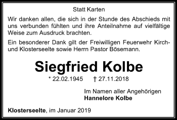 Todesanzeige von Siegfried Kolbe von SYK