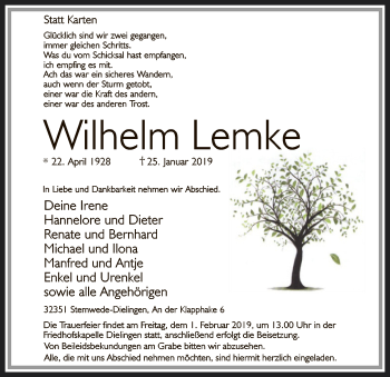 Todesanzeige von Wilhelm Lemke von SYK
