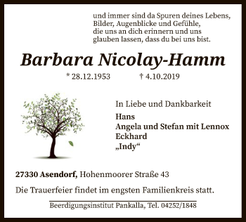 Todesanzeige von Barbara Nicolay-Hamm von SYK