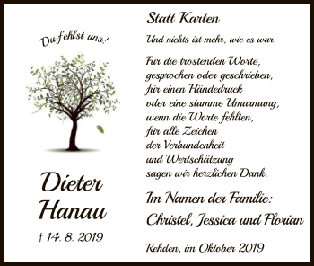 Todesanzeige von Dieter Hanau von SYK