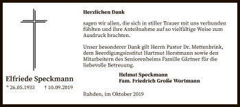 Todesanzeige von Elfriede Speckmann von SYK