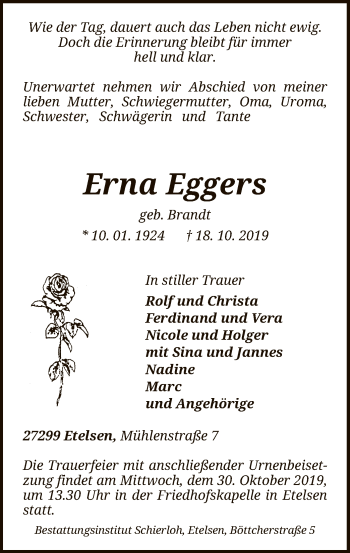 Todesanzeige von Erna Eggers von SYK