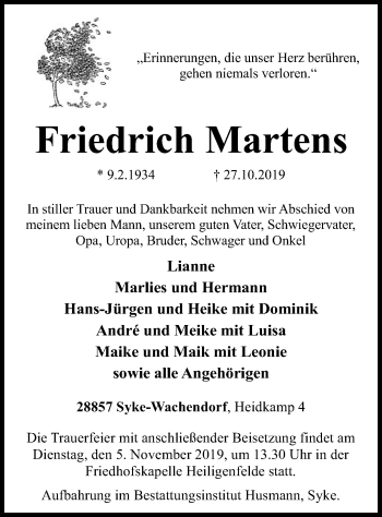 Todesanzeige von Friedrich Martens von SYK