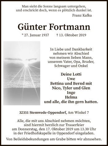 Todesanzeige von Günter Fortmann von SYK