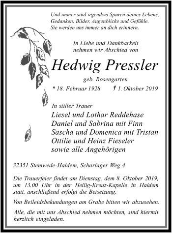Todesanzeige von Hedwig Pressler von SYK