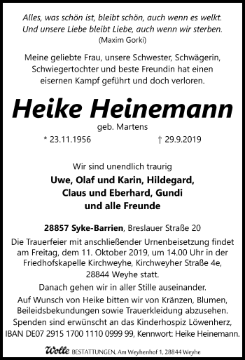 Todesanzeige von Heike Heinemann von SYK