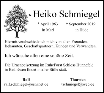 Todesanzeige von Heiko Schmiegel von SYK
