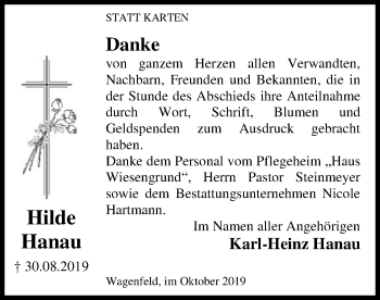 Todesanzeige von Hilde Hanau von SYK