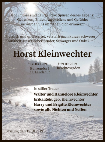 Todesanzeige von Horst Kleinwechter von SYK