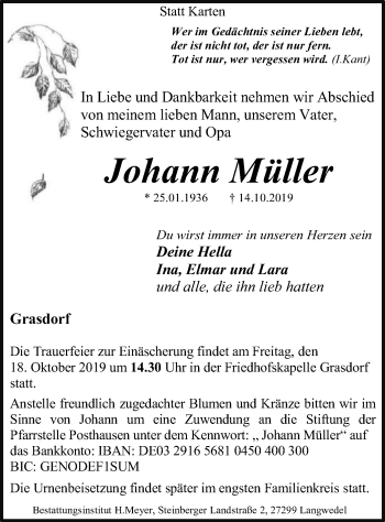 Todesanzeige von Johann Müller von SYK