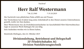 Todesanzeige von Ralf Westermann von SYK