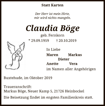 Todesanzeige von Claudia Böge von SYK