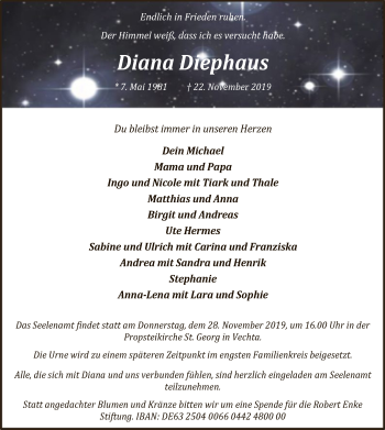 Todesanzeige von Diana Diephaus von SYK