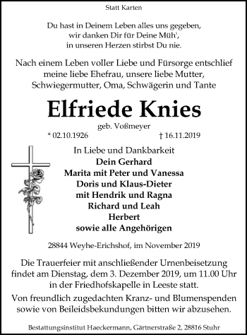 Todesanzeige von Elfriede Knies von SYK