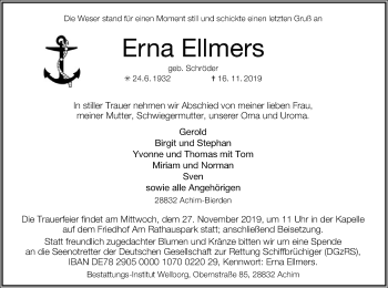 Todesanzeige von Erna Ellmers von SYK