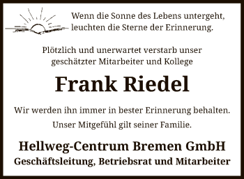 Todesanzeige von Frank Riedel von SYK