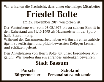 Todesanzeige von Friedel Bolte von SYK