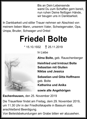 Todesanzeige von Friedel Bolte von SYK
