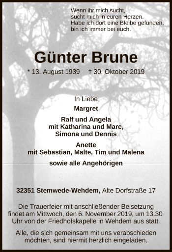 Todesanzeige von Günter Brune von SYK