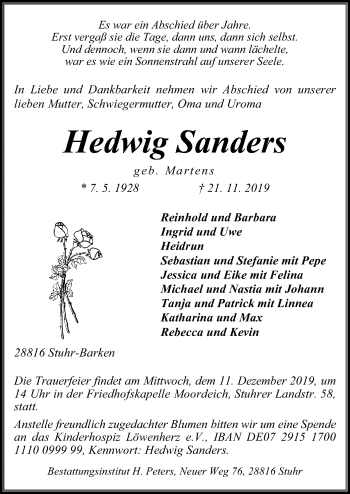 Todesanzeige von Hedwig Sanders von SYK