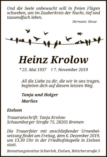Todesanzeige von Heinz Krolow von SYK