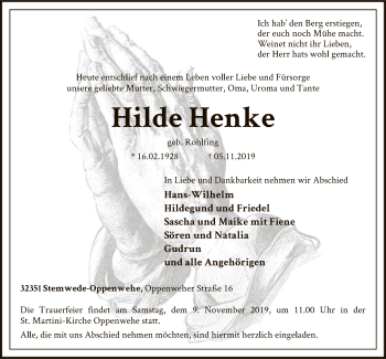 Todesanzeige von Hilde Henke von SYK