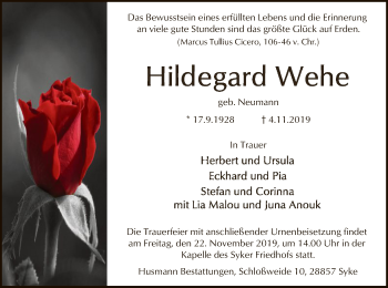 Todesanzeige von Hildegard Wehe von SYK