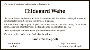 Todesanzeige von Hildegard Wehe von SYK