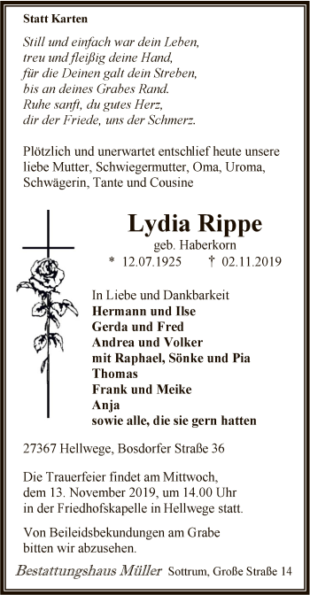 Todesanzeige von Lydia Rippe von SYK